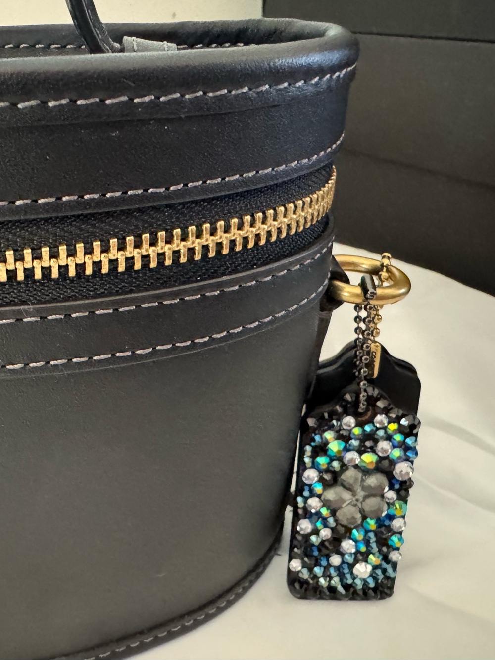 Coach Upcrafted Black & Blue Crystal Hangtag Charm Keychain 2”